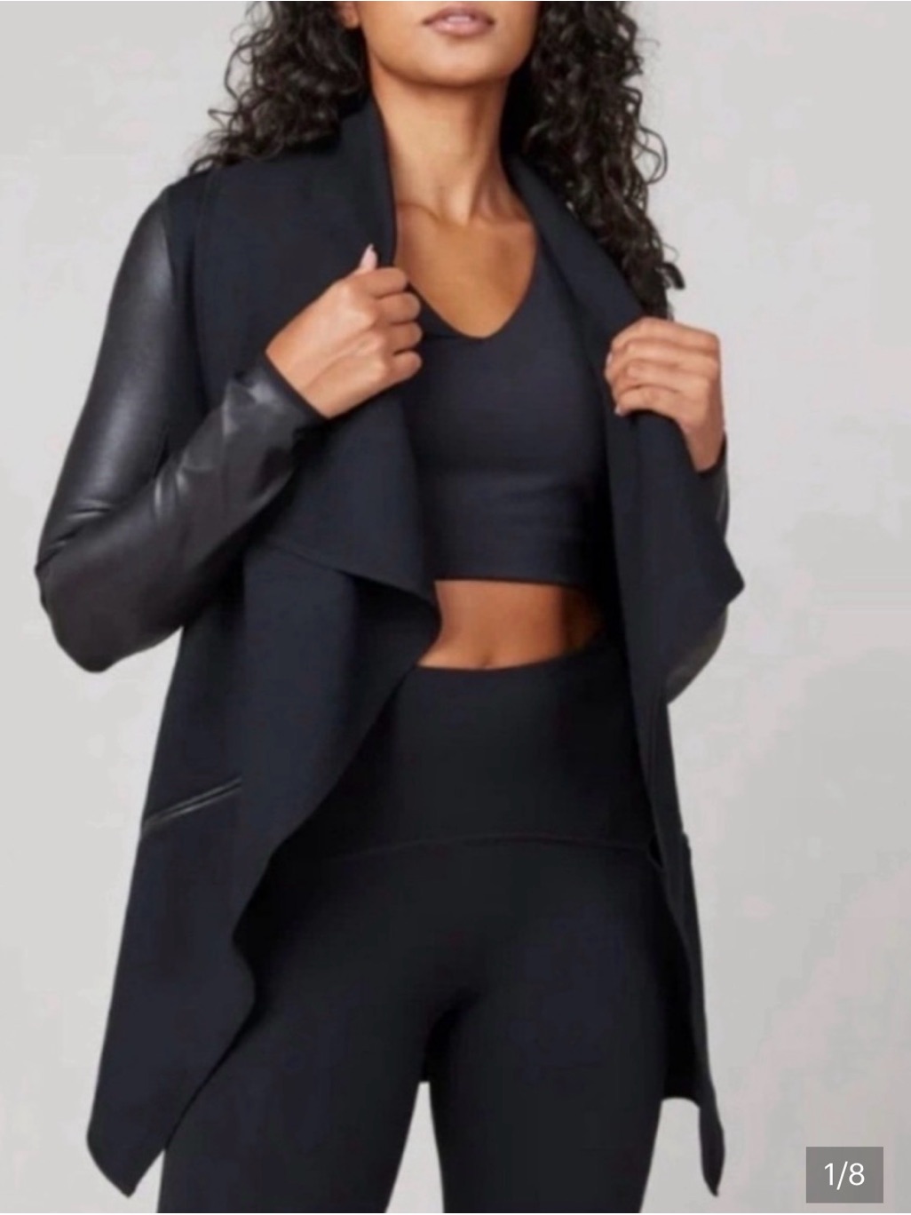 Spanx Black Draped Jacket With Faux Leather Sleeves